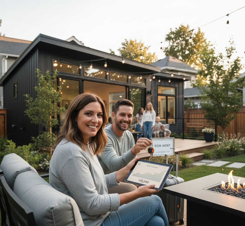 Couple placing a For Rent sign near a modern backyard ADU