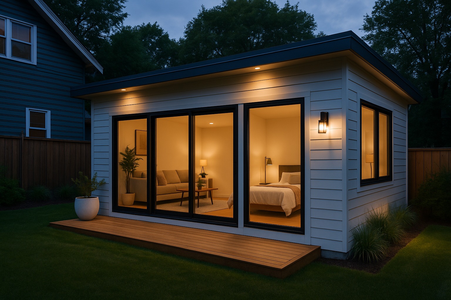 Backyard ADU exterior with wood cladding and glass doors