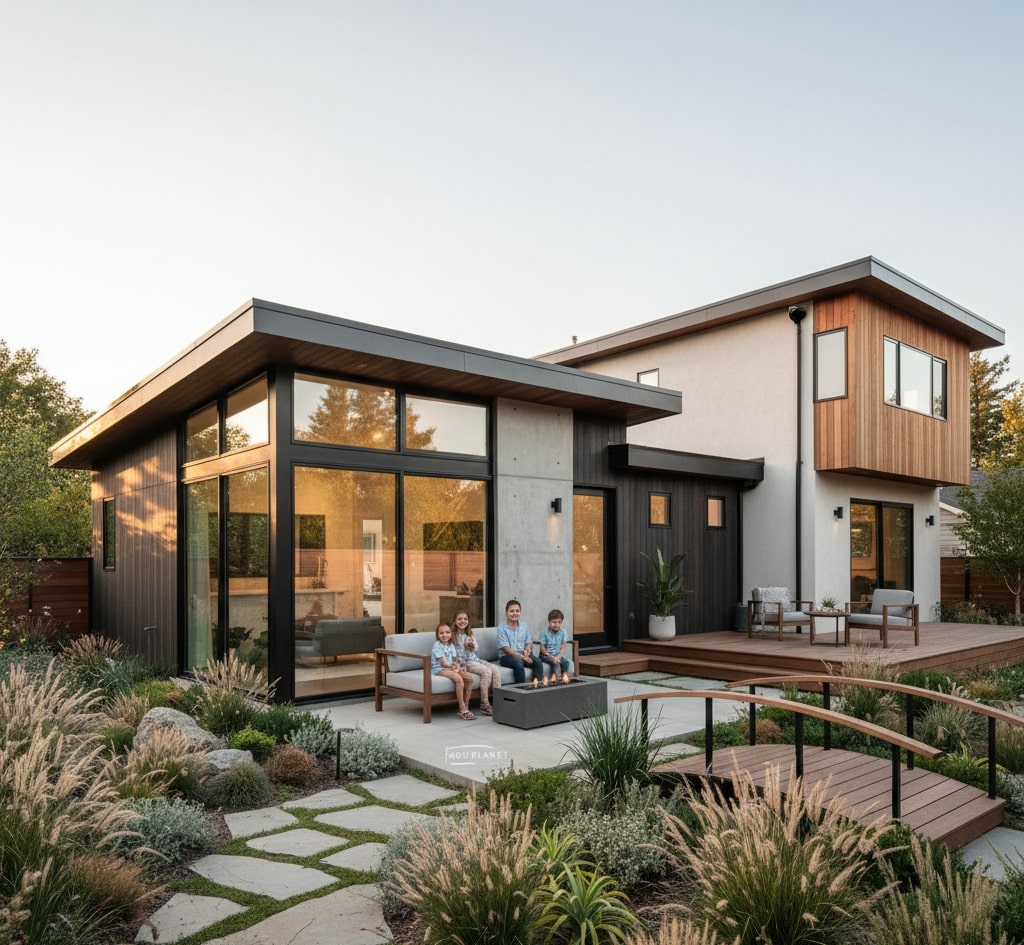 Primary home and detached ADU connected by landscaped path