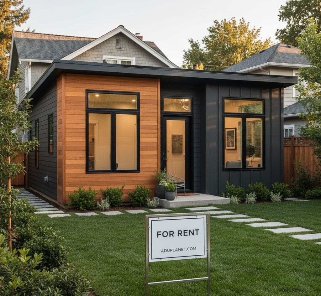 Modern detached ADU with cedar and dark panel cladding at dusk